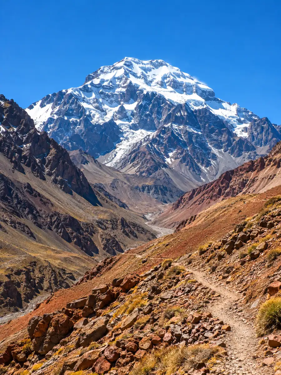Der verschneite Gipfel des Aconcagua am Ende des Horcones-Tals, ein Pfad windet sich durch rostfarbenes Geröll