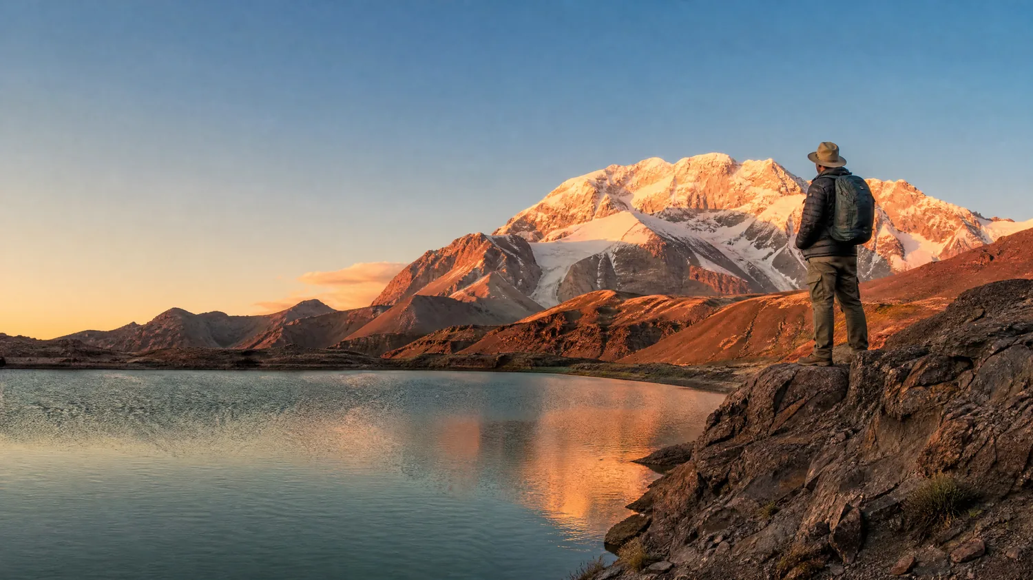 Ein Wanderer mit Sonnenhut auf einer felsigen Anhöhe neben einer kleinen Lagune zur goldenen Stunde, dahinter leuchtet das verschneite Massiv des Aconcagua rosa