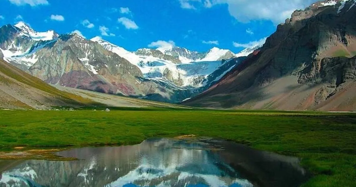Aconcagua's snowy south face reflected in the green Laguna de Horcones